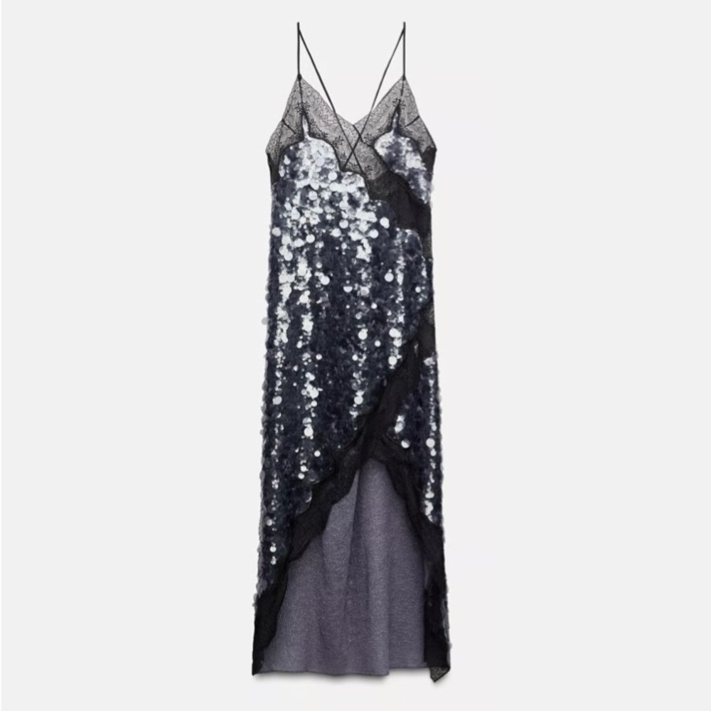 NWT Zara Collection Sequin Lace slip midi dress with lace size S